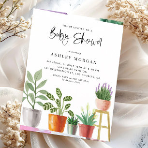 Convites Chuva de Bebê com Vasos de Plantas Boho Aquarela