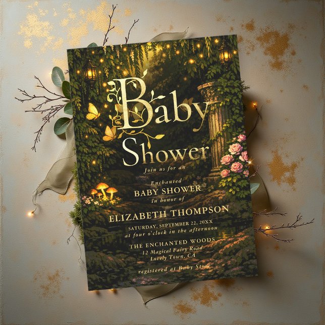 Convites Chuva de Bebê Conto de Fadas Jardim Encantado Rosa (enchanted garden baby shower invitation magical fairy lights lantern butterflies mushrooms)