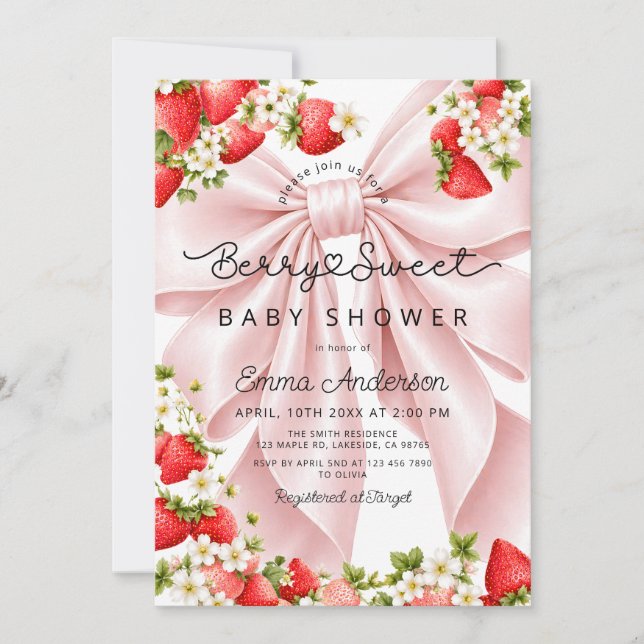 Convites Chuva de Bebê Coquette Berry Sweet Morango (Frente)