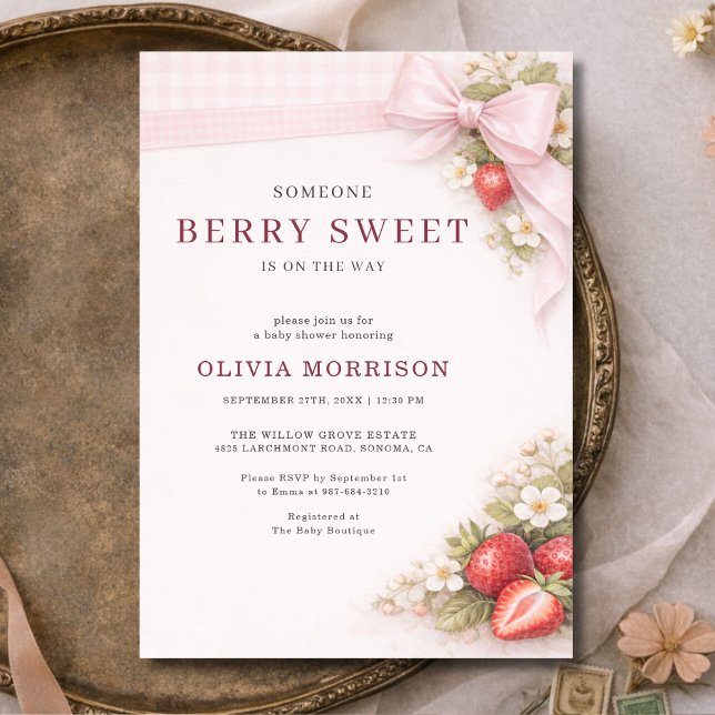 Convites Chuva de Bebê Coquette Bow Berry Doce Morango (Criador carregado)