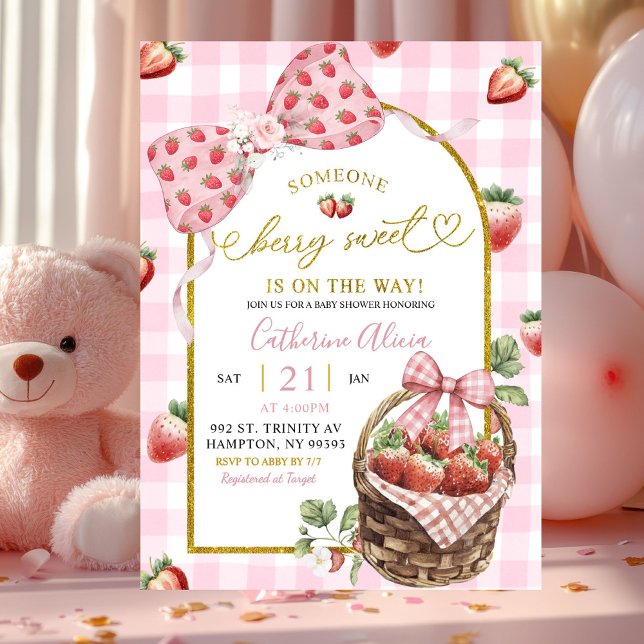 Convites Chuva de Bebê Coquette Gingham Rosa Doce Morango (Criador carregado)