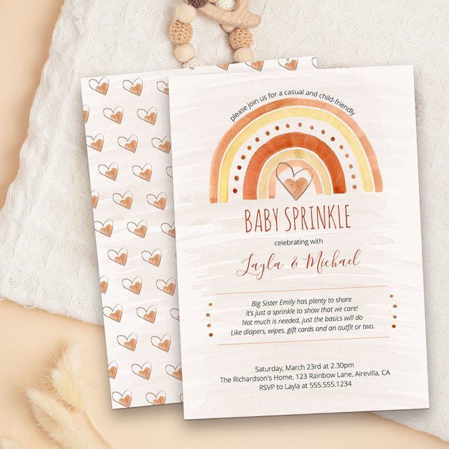 Convites Chuva de Bebê Coração Arco-íris Lavagem Aquarela (Neutral cute and simple rainbow and love hearts Baby Sprinkle invitation)