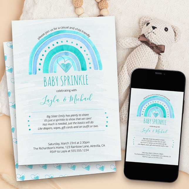 Convites Chuva de Bebê Coração Arco-íris Lavagem Aquarela A (cute and simple rainbow and love hearts boys Baby Sprinkle invitation)