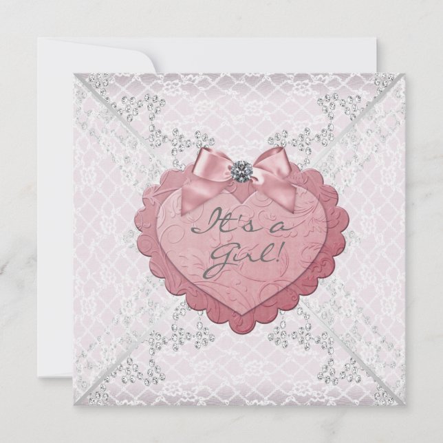 Convites Chuva de Bebê Coração Rosa com Renda Branca (Frente)