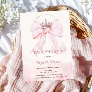 Convites Chuva de Bebê Coroa com Laço Rosa em Aquarela
