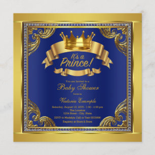 Convites Chuva de Bebê Coroa Real Dourada Azul Principe