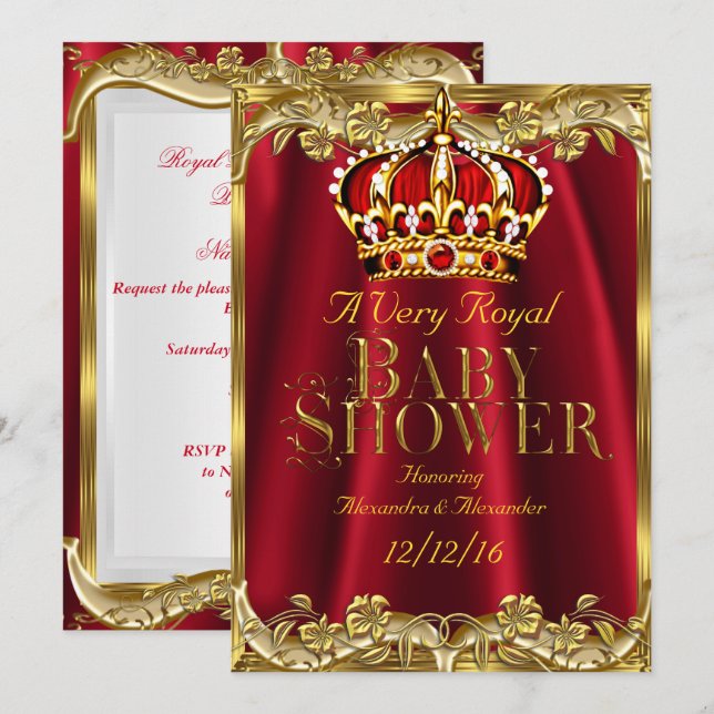 Convites Chuva de Bebê Coroa Real Regal Vermelho Dourado (Frente/Verso)