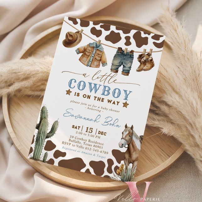 Convites Chuva de Bebê Cowboy Bebê Roupas Aquarela (Criador carregado)