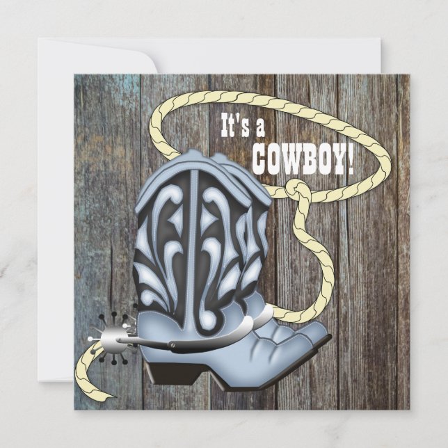 Convites Chuva de Bebê Cowboy em Madeira de Celeiro Azul Pr (Frente)