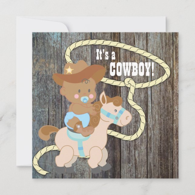 Convites Chuva de Bebê Cowboy em Madeira de Celeiro Azul Pr (Frente)