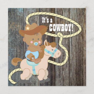 Convites Chuva de Bebê Cowboy em Madeira de Celeiro Azul Pr