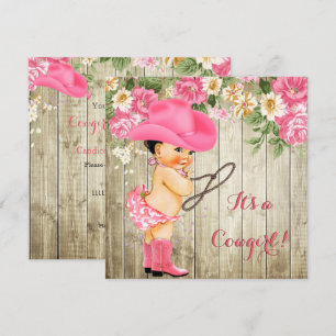 Convites Chuva de Bebê Cowgirl Botas Rosa Floral Morena