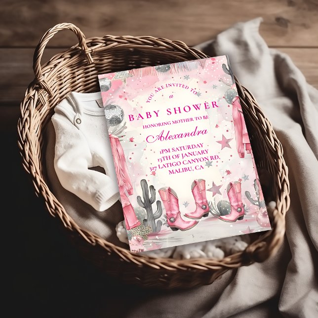 Convites Chuva de Bebê Cowgirl Disco Rosa (Criador carregado)
