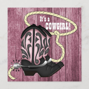 Convites Chuva de Bebê Cowgirl em Madeira de Celeiro Rosa