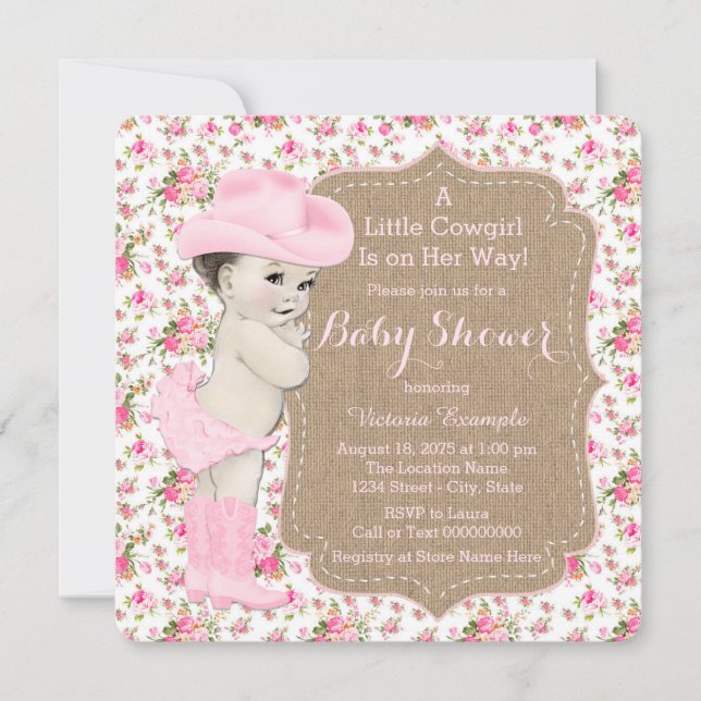 Convites Chuva de Bebê Cowgirl em Sacaria (Frente)