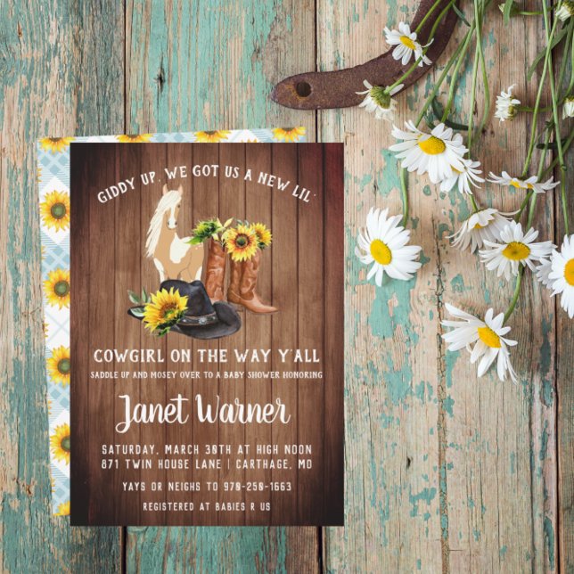 Convites Chuva de Bebê Cowgirl Girassol Oeste Rústico (Criador carregado)