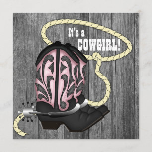 Convites Chuva de Bebê Cowgirl Madeira de Celeiro Preto e R