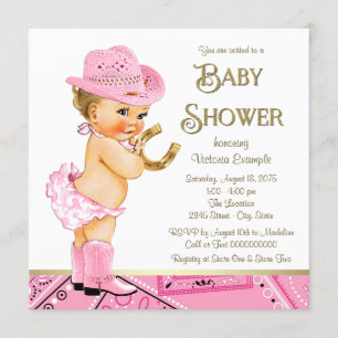 Convites Chuva de Bebê Cowgirl Rosa Dourado Ferradura