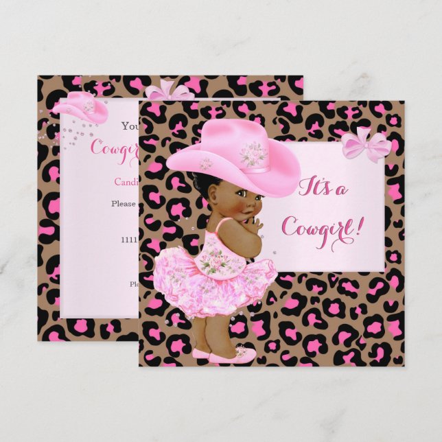 Convites Chuva de Bebe Cowgirl Rosa Menina Leopard Etno (Frente/Verso)