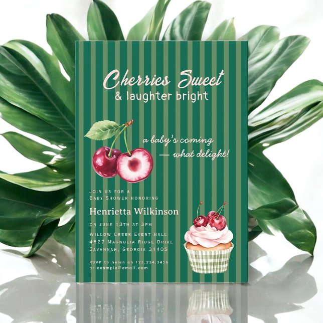 Convites Chuva de Bebê Cupcake Cereja com Faixa Verde (Criador carregado)