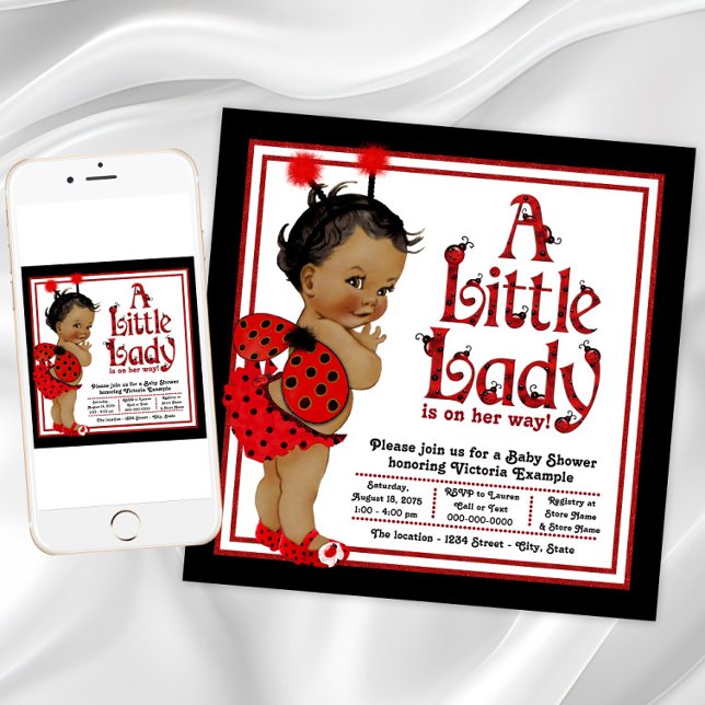Convites Chuva de Bebê da Joaninha Afro-Americana (Cute ladybug baby shower invitation. Instant download and printed invitations available.)