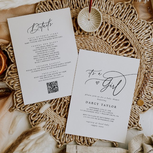 Convites Chuva de Bebê DARCY Clássico Preto Branco É uma Me (DARCY Classic Black White It's A Girl Baby Shower Invitation)