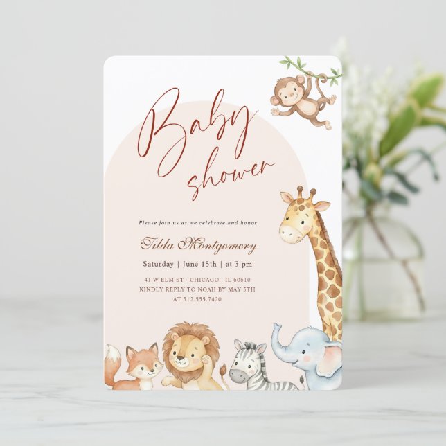 Convites Chuva de Bebê de Animais de Safari em Aquarela (Em pé/Frente)