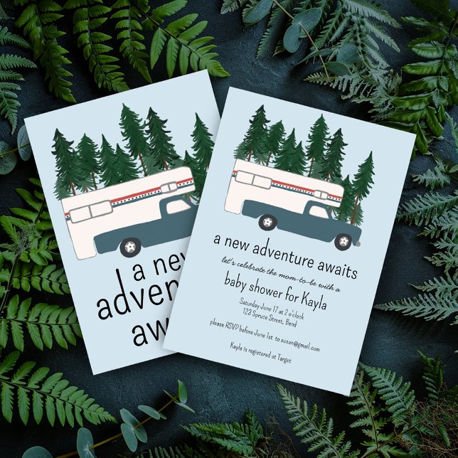 Convites Chuva de Bebê de Camper de Caminhão Antigo RV (Adventure Awaits Baby Shower Invitation Vintage Truck Camper RV Motorhome Vanlife Camping )