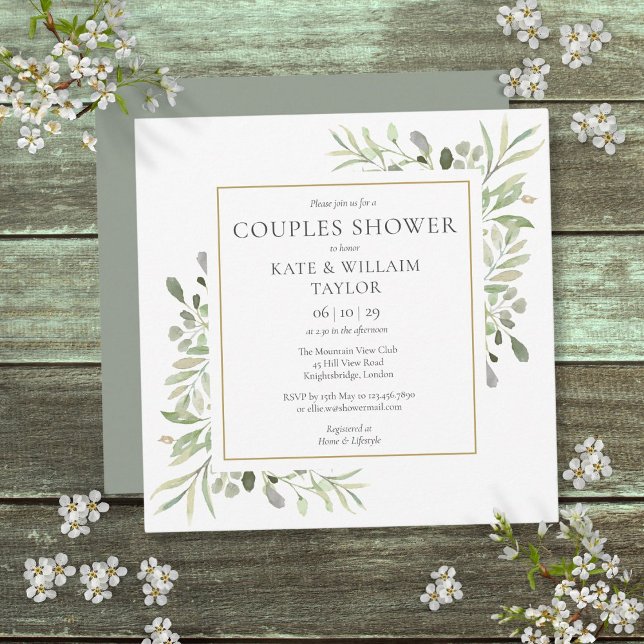 Convites Chuva de Bebê de Casais com Aquarela Verde (Watercolor Greenery Couples Baby Shower Sprinkle Invitation)