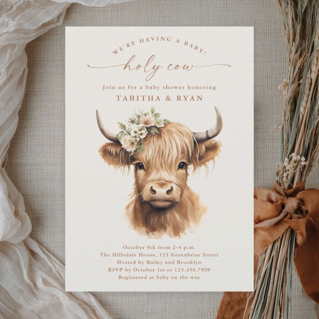 Convites Chuva de Bebê de Casal Neutro Boho Vaca das Terras (Boho highland cow couples baby shower invitations.)