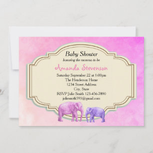 Convites Chuva de Bebê de Elefante Rosa e Roxo em Aquarela