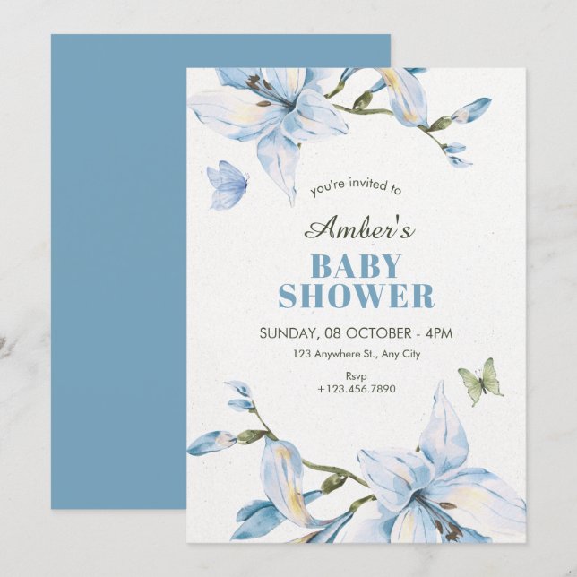 Convites Chuva de bebê de flor azul estética em flor (Frente/Verso)