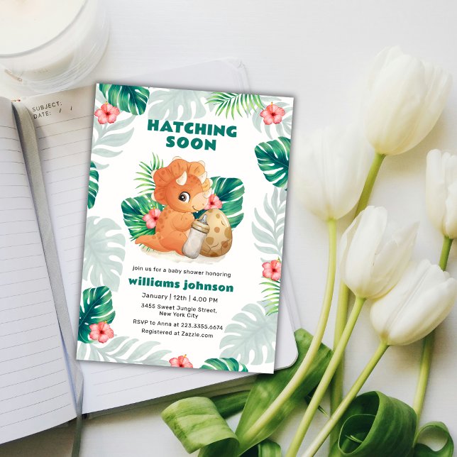 Convites Chuva de Bebê de Flor Tropical com Dinossauro Eclo (Tropical Flower Hatching Dinosaur Baby Shower Invitation)