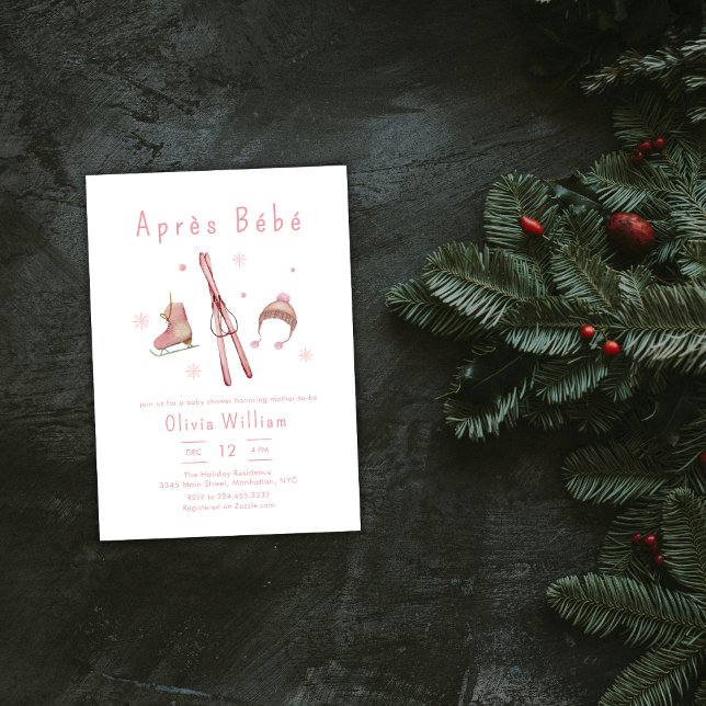 Convites Chuva de Bebê de Floresta de Inverno Rosa Après Bé (Pink Winter Woodland Après Bébé Ski Baby Shower Invitation)
