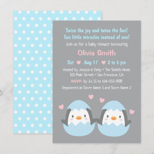 Convites Chuva de Bebê de Gêmeos Pinguins Fofos Eclodindo