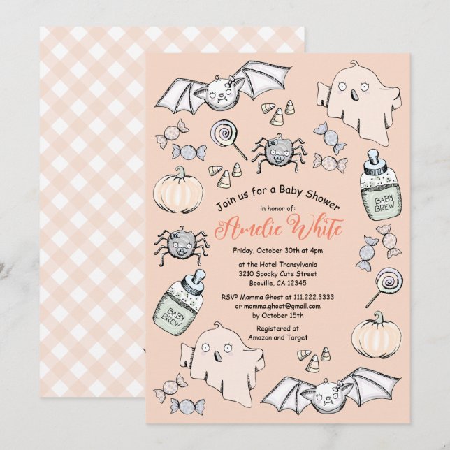 Convites Chuva de Bebê de Halloween com Fantasminha, Morceg (Frente/Verso)