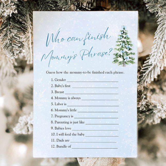 Convites Chuva de Bebê de Inverno Quem Pode Terminar a Fras (Christmas Tree Blue Bows Who Can Finish Mommy's Phrase Baby Shower Game)