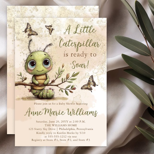Convites Chuva de Bebê de Lagarta Caprichosa Pronta para Vo (Whimsical watercolor caterpillar baby shower invitation with soft sage and gold accents)