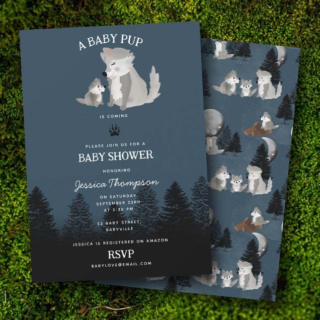 Convites Chuva de Bebê de Lobo Bonito e Mamãe na Floresta (Cute Wolf Baby Pup and Mom Woodland Baby Shower Invitation)
