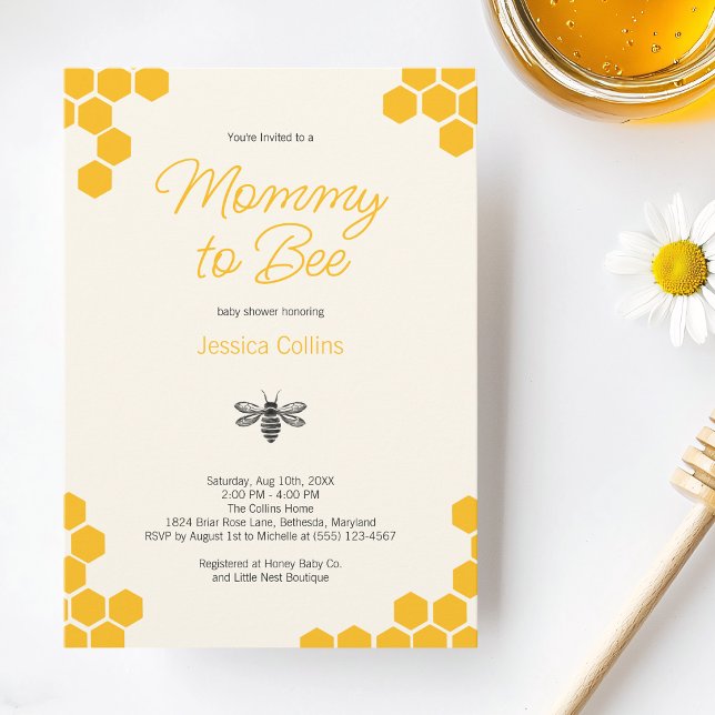 Convites Chuva de Bebê de Mel Amarela Fofa de Mamãe para Be (Cute Yellow Honeycomb Mommy to Bee Baby Shower Invitation)