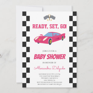 Convites Chuva de Bebê de Menina com Carro de Corrida Rosa