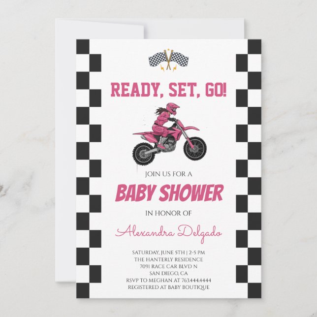 Convites Chuva de Bebê de Menina de Moto Rosa Xadrez (Frente)