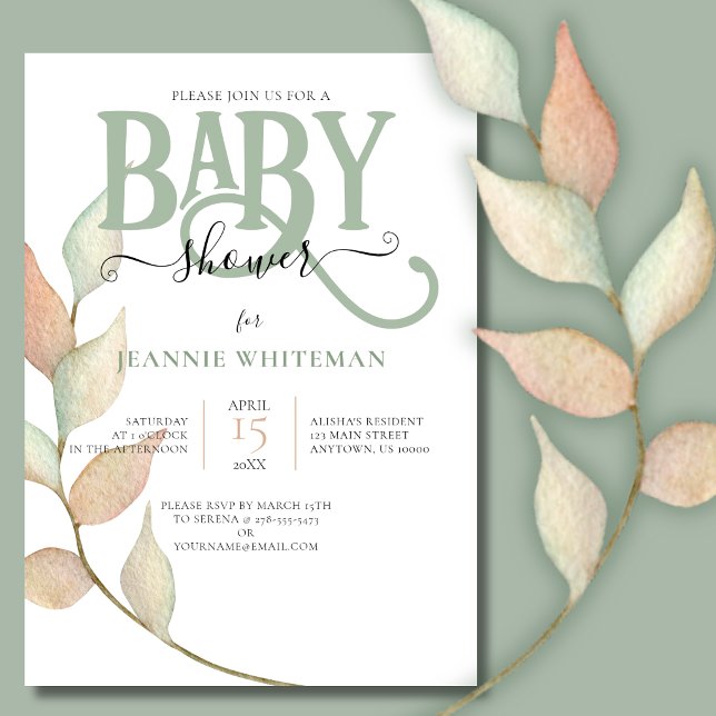 Convites Chuva de Bebê de Musgo Botânico & Pêssego (Gender Neutral Botanical Baby Shower Invitation)