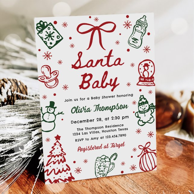 Convites Chuva de Bebê de Natal Desenhada à Mão em Vermelho (Criador carregado)
