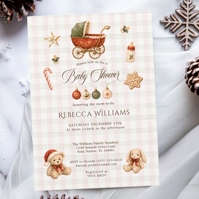Convites Chuva de Bebê de Natal Gingham Vintage (Criador carregado)