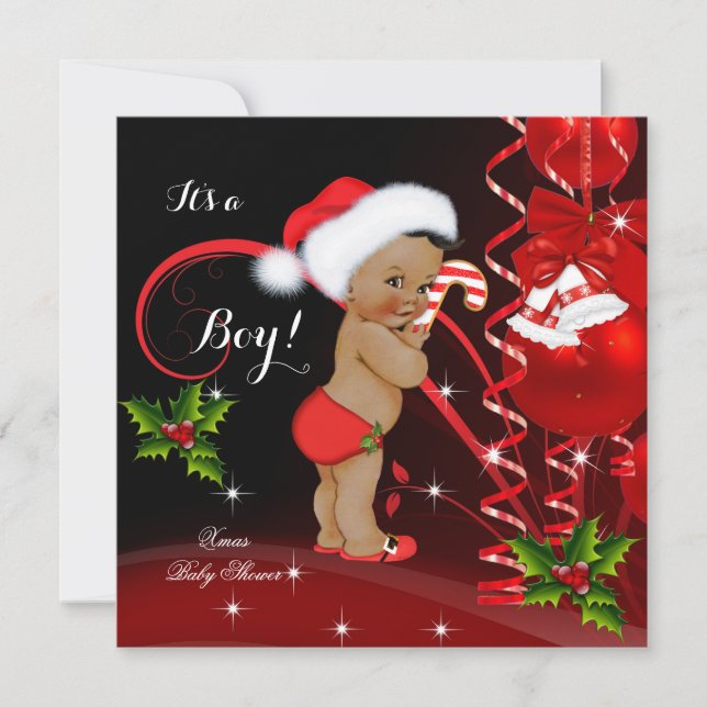 Convites Chuva de Bebê de Natal Menino Chapéu Vermelho do P (Frente)