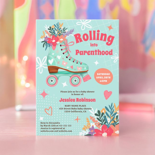 Convites Chuva de bébé de patins florais (Retro floral teal roller skate boho baby shower invitation)