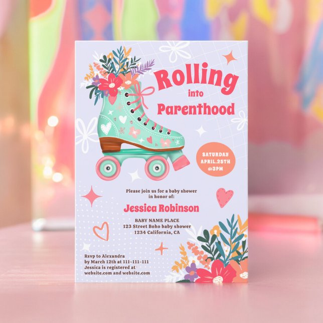 Convites Chuva de bébé de patins florais (Retro floral teal roller skate boho baby shower invitation lavender)