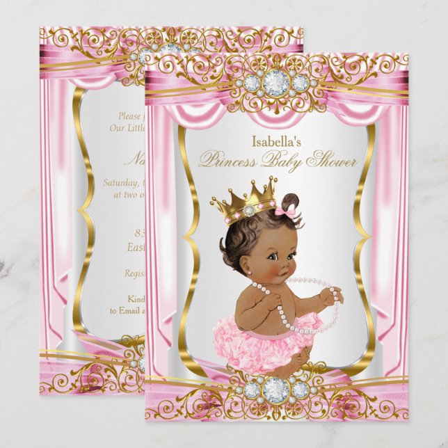 Convites Chuva de Bebê de Princesa Morena Seda Rosa Escura (Frente/Verso)