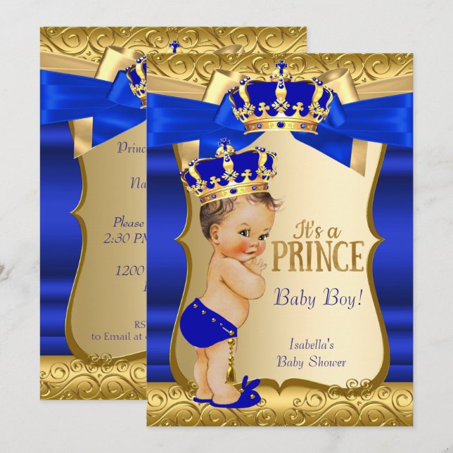 Convites Chuva de Bebê de Príncipe Real Azul Dourado Damasc (Frente/Verso)